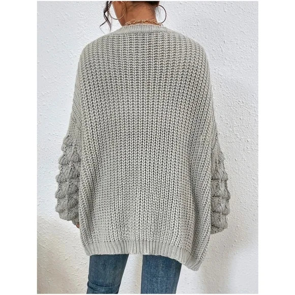 #18 Cozy Grey Open Front Pom Pom Sleeve Cardigan - Picture 5 of 5